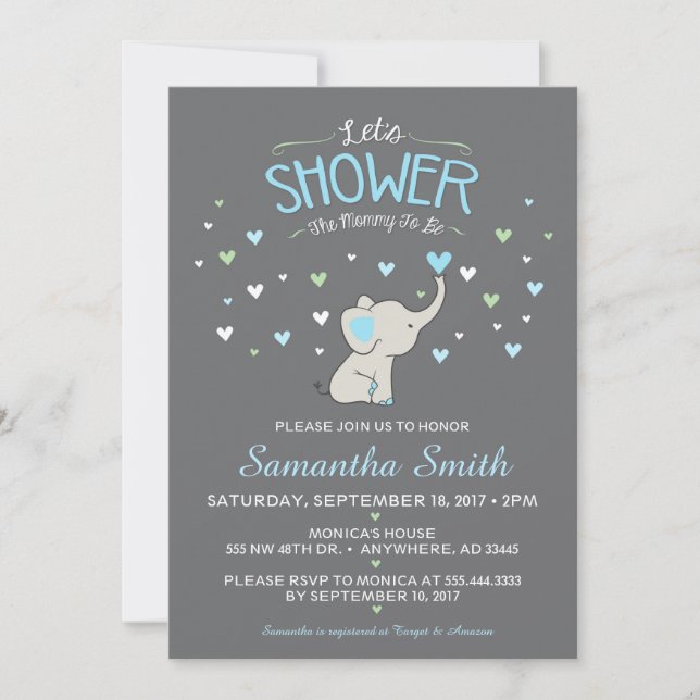 Elephant Baby Shower Invitation, Boy Baby Shower Invitation (Front)