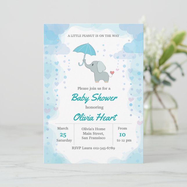 Elephant Baby Shower Invitation, Boy Baby Shower Invitation (Standing Front)