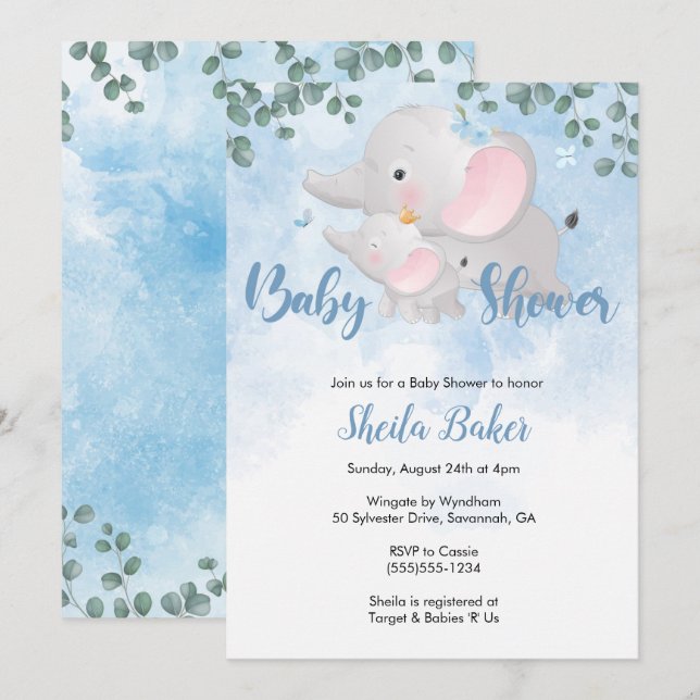 Elephant baby shower invitation boy, Blue elephant (Front/Back)