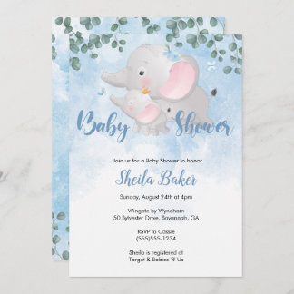 Elephant baby shower invitation boy, Blue elephant