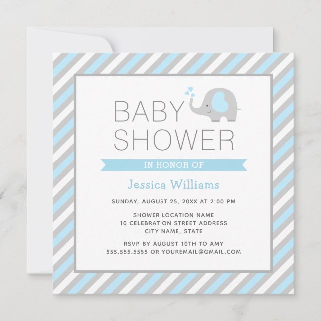 Elephant Baby Shower Invitation Boy - Blue & Grey (Front)