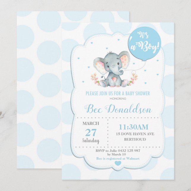Elephant Baby Shower Invitation Boy Blue Polka Dot (Front/Back)