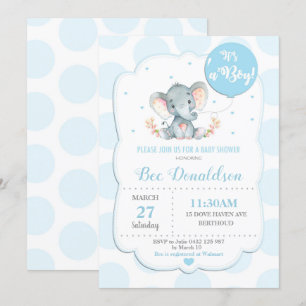 Elephant Baby Shower Invitation Boy Blue Polka Dot
