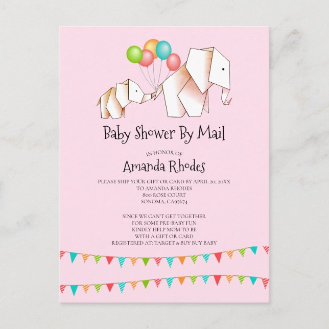 Elephant Baby Shower Invitation By Mail Pink (Front)