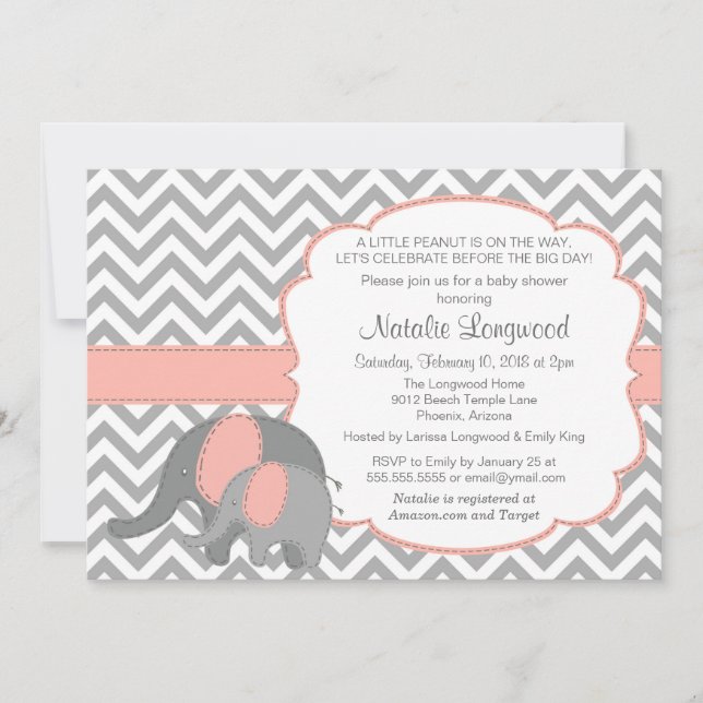 Elephant Baby Shower Invitation, Chevron, coral Invitation (Front)
