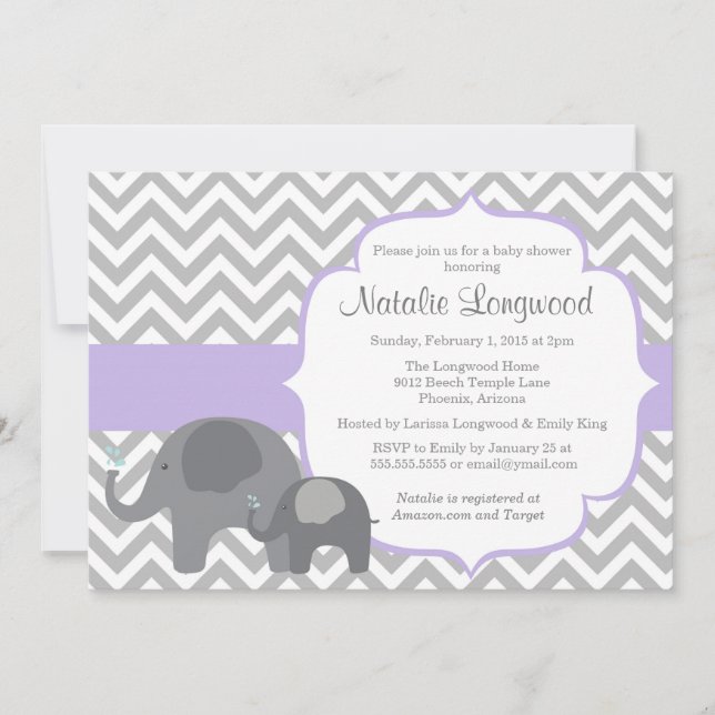 Elephant Baby Shower Invitation, chevron purple Invitation (Front)