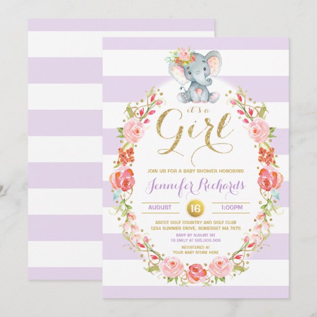 Elephant Baby Shower Invitation Floral Boho Shower (Front/Back)
