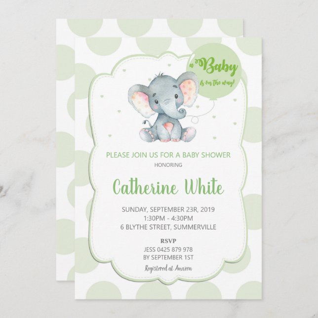 Elephant Baby Shower Invitation Gender Neutral (Front/Back)