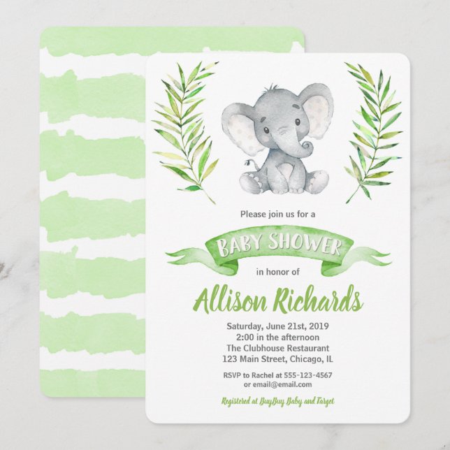 Elephant baby shower invitation gender neutral (Front/Back)