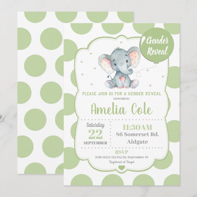 Elephant Baby Shower Invitation Gender Reveal (Front/Back)