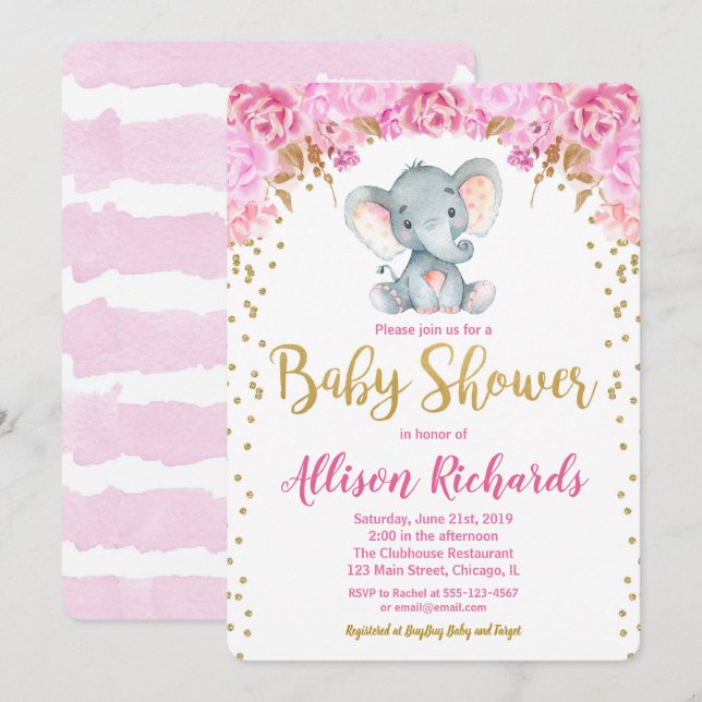 Elephant baby shower invitation girl pink gold (Front/Back)