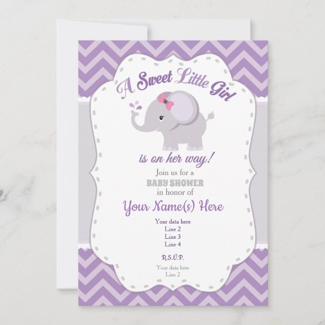 Elephant Baby Shower Invitation, Girl, Purple,Grey Invitation (Front)