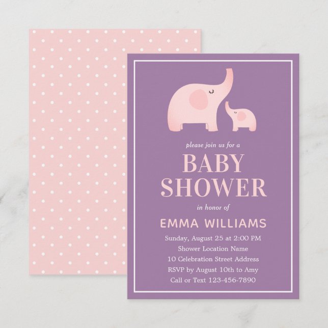 Elephant Baby Shower Invitation Girl - Purple Pink (Front/Back)