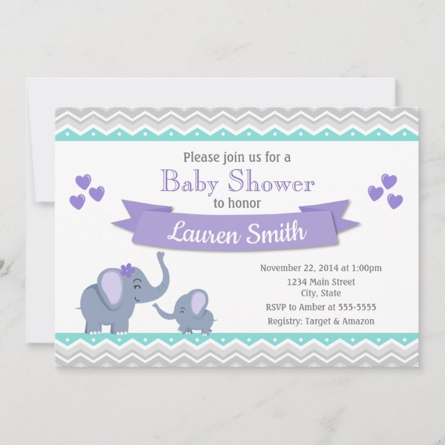 Elephant Baby Shower Invitation Girl Purple Teal (Front)