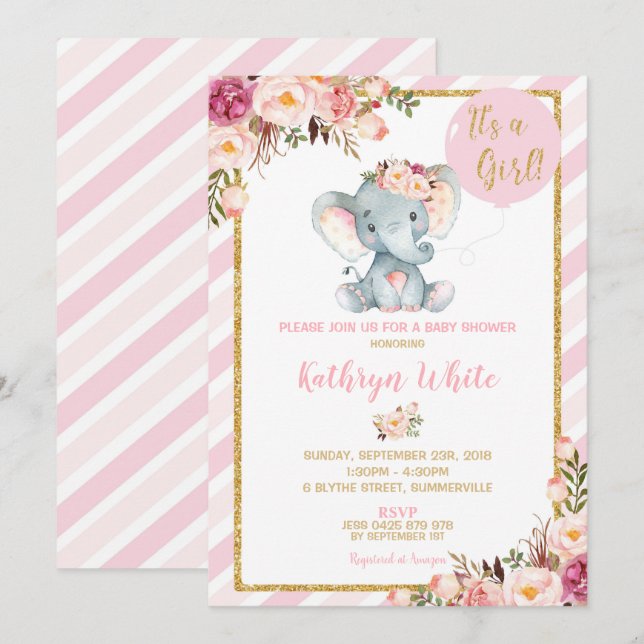 Elephant Baby Shower Invitation Girl Stripes (Front/Back)