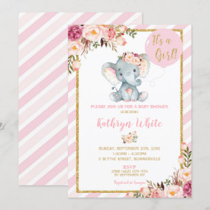 Elephant Baby Shower Invitation Girl Stripes