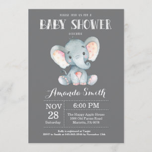 Elephant Baby Shower Invitation Grey