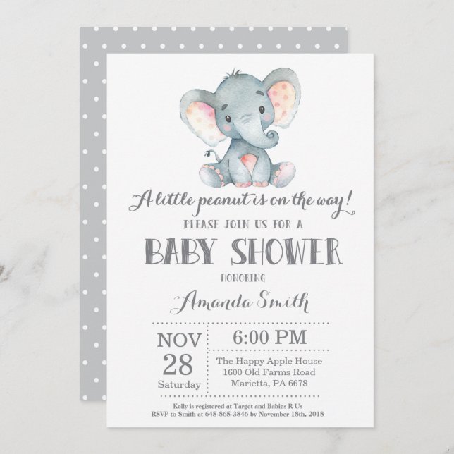 Elephant Baby Shower Invitation Grey (Front/Back)