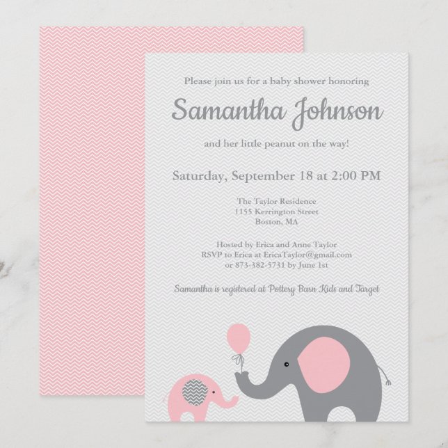 Elephant Baby Shower Invitation in Pink and Grey (Front/Back)