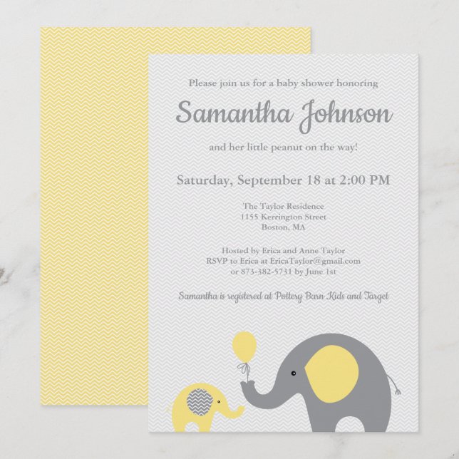 Elephant Baby Shower Invitation in Yellow and Grey (Front/Back)