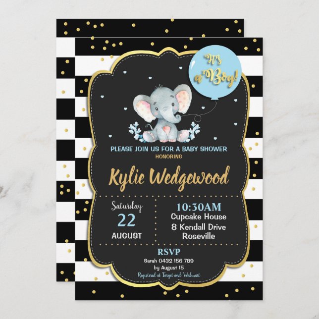Elephant Baby Shower Invitation It's a Boy (Front/Back)