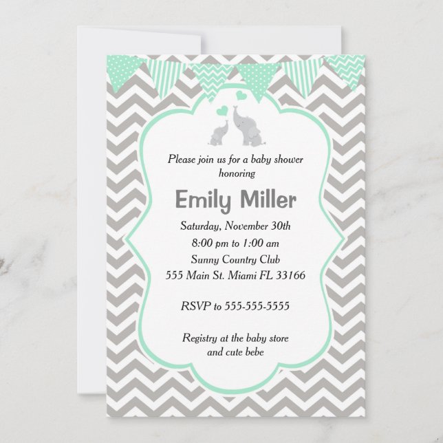 Elephant Baby Shower Invitation Mint Green Silver (Front)