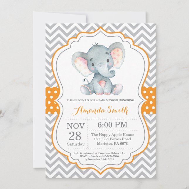 Elephant Baby Shower Invitation Orange and Grey (Front)