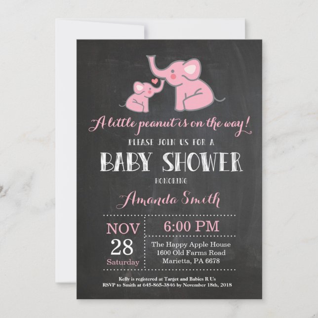 Elephant Baby Shower Invitation Pink and Grey (Front)