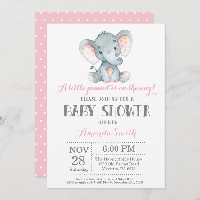 Elephant Baby Shower Invitation Pink and Grey (Front/Back)