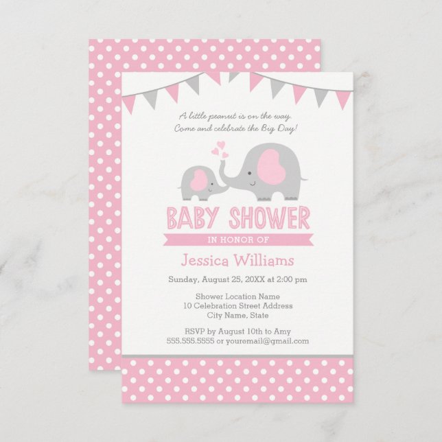 Elephant Baby Shower Invitation Pink and Grey (Front/Back)