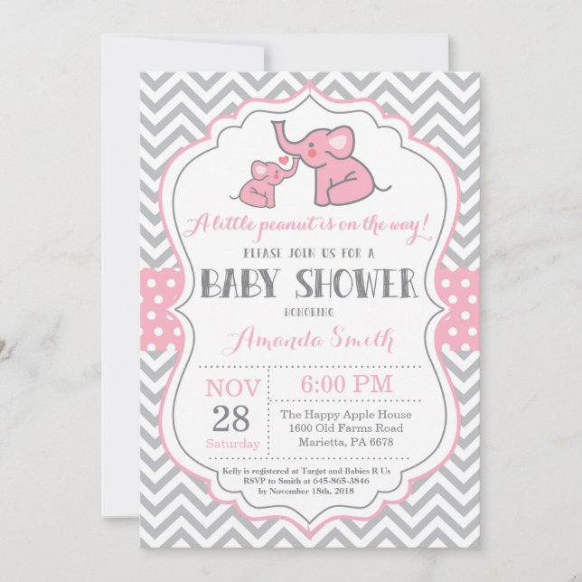 Elephant Baby Shower Invitation Pink and Grey (Front)