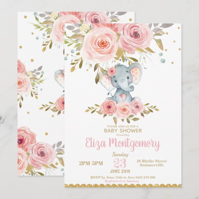 Elephant Baby Shower Invitation Pink Floral Girl (Front/Back)