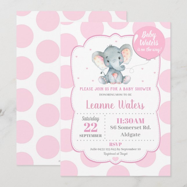 Elephant Baby Shower Invitation Pink Girl (Front/Back)