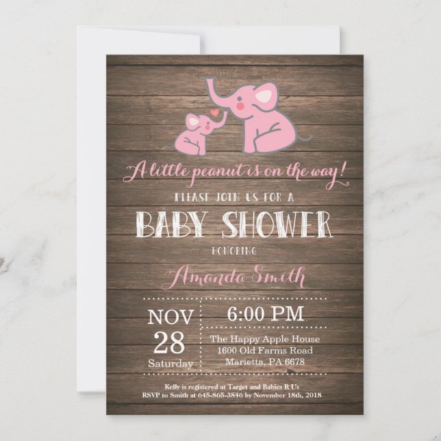 Elephant Baby Shower Invitation Pink Rustic (Front)