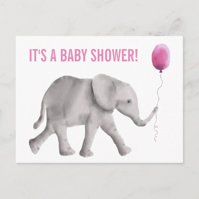 Elephant Baby Shower Invitation Postcard, Pink (Front)