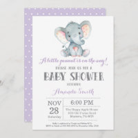 Elephant Baby Shower Invitation Purple and Grey