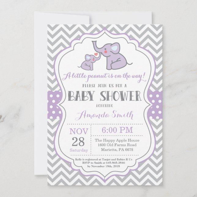 Elephant Baby Shower Invitation Purple and Grey (Front)