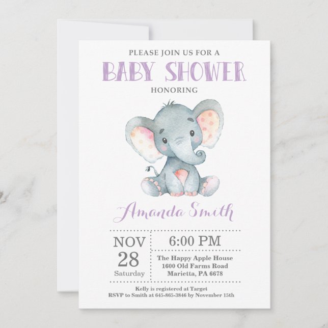 Elephant Baby Shower Invitation Purple and Grey (Front)