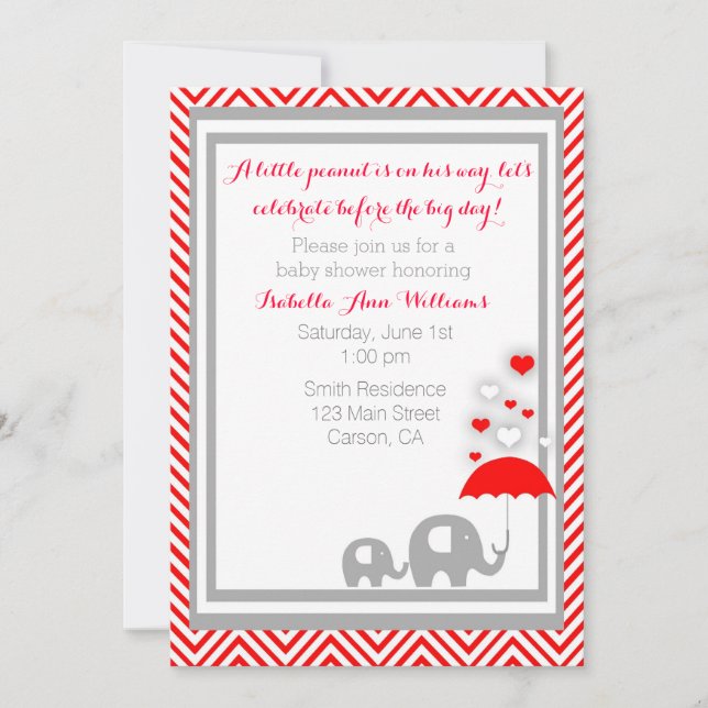 elephant Baby Shower Invitation- Red and Grey Invitation (Front)