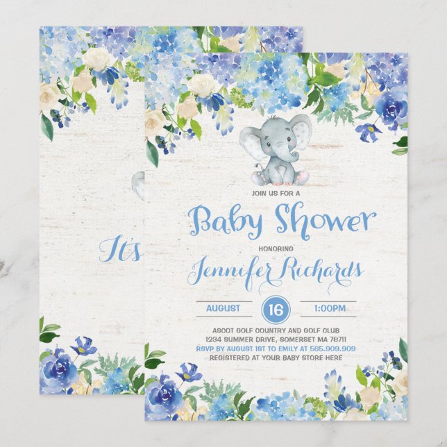 Elephant Baby Shower Invitation Rustic Boy Shower (Front/Back)