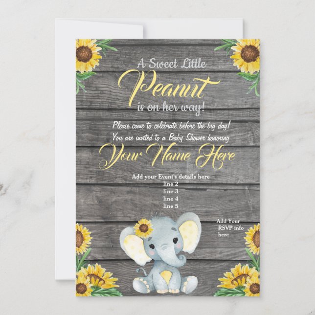 Elephant Baby Shower Invitation, rustic, Yellow Invitation (Front)