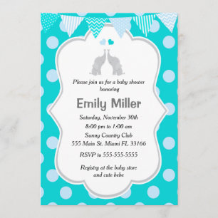 Elephant Baby Shower Invitation Teal Blue Twins