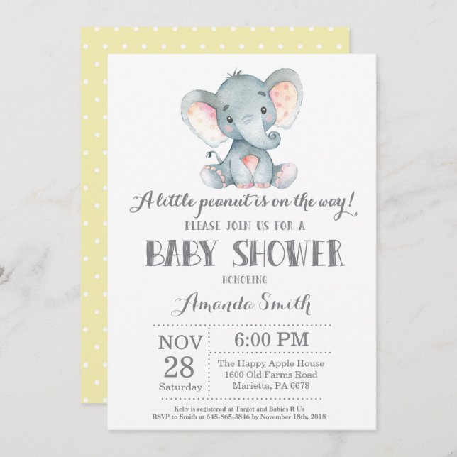 Elephant Baby Shower Invitation Yellow and Grey (Front/Back)