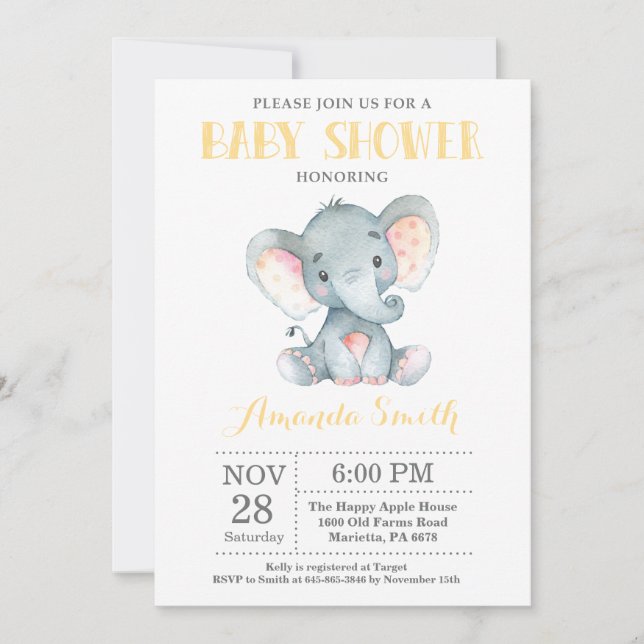 Elephant Baby Shower Invitation Yellow and Grey (Front)