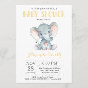 Elephant Baby Shower Invitation Yellow and Grey