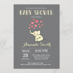 Elephant Baby Shower Invitation Yellow and Grey