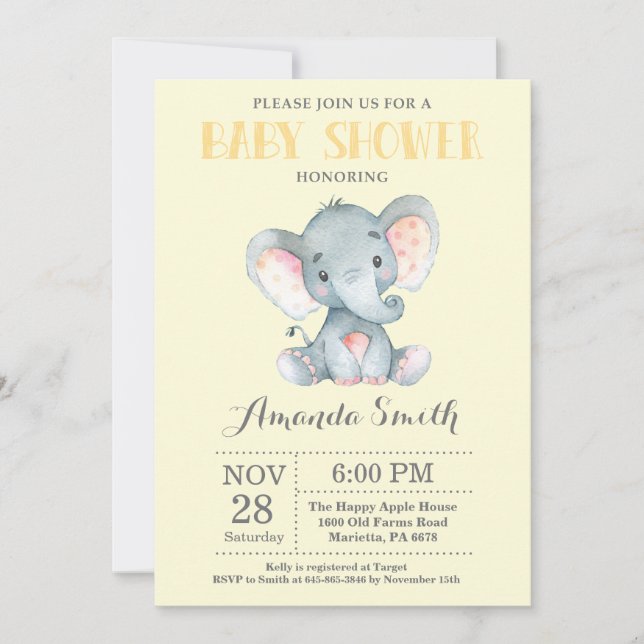 Elephant Baby Shower Invitation Yellow and Grey (Front)