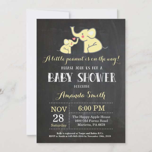 Elephant Baby Shower Invitation Yellow and Grey (Front)