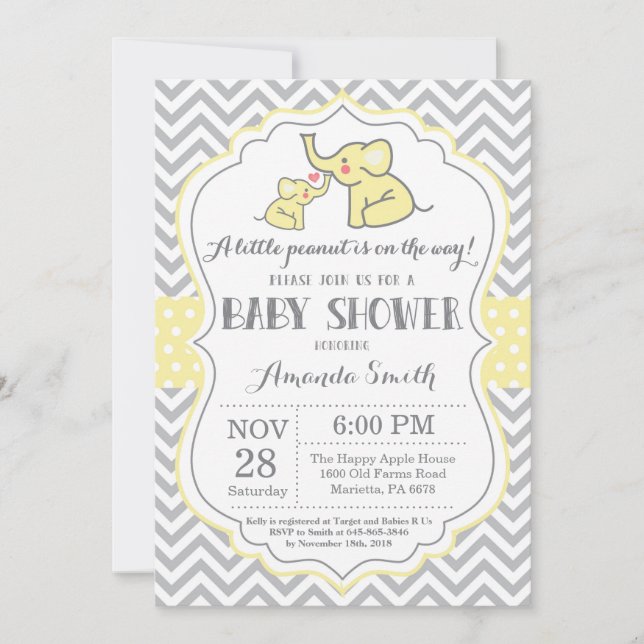 Elephant Baby Shower Invitation Yellow and Grey (Front)