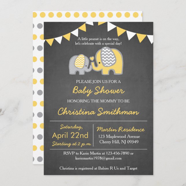 Elephant Baby Shower Invitation Yellow and Grey (Front/Back)